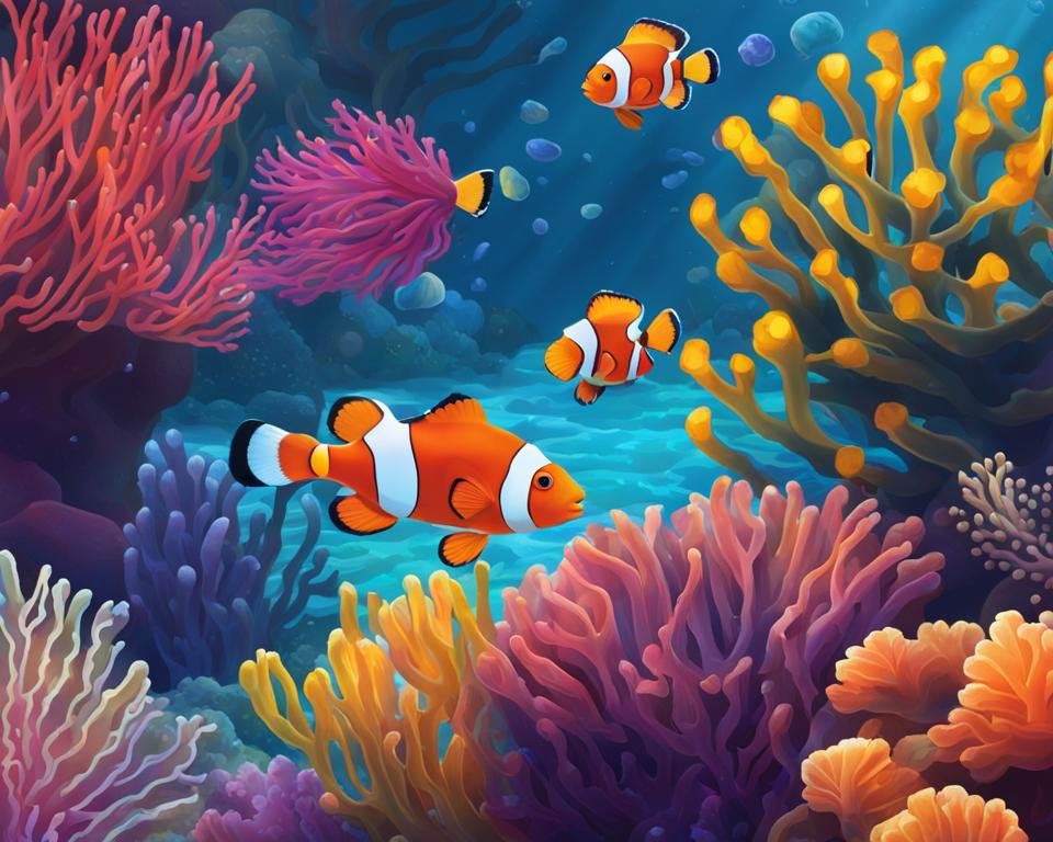 coral and clownfish swimming together among the coral reef
